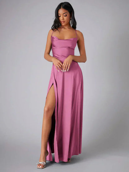 Women's Satin Style Maxi Evening Dress | Open Back High Split