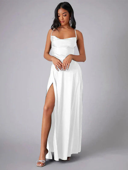 Women's Satin Style Maxi Evening Dress | Open Back High Split