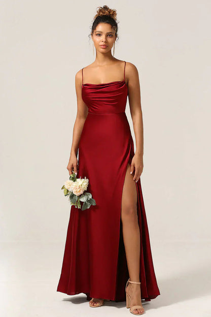 Women's Satin Style Maxi Evening Dress | Open Back High Split
