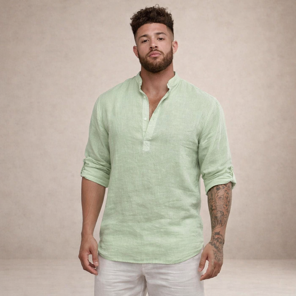 Men's Linen Shirt | Breathable Stand Collar Long Sleeve
