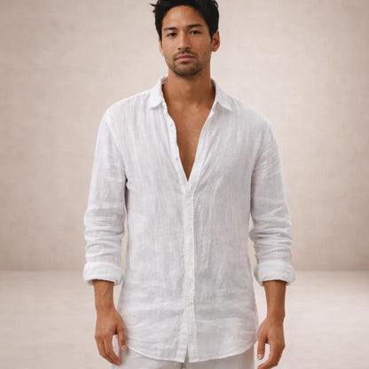 Men's Long Sleeve Open Collar Shirt | Regular Fit Linen-Style Summer Top