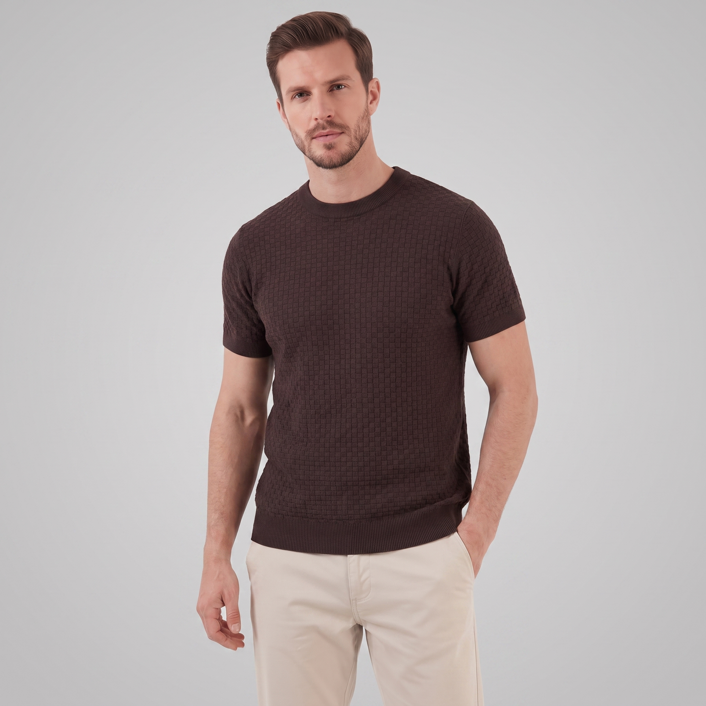 Men's Basket Weave Knit T-Shirt | Crew Neck Summer Style