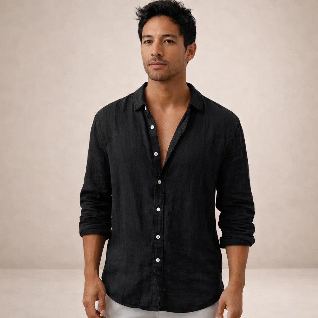 Men's Long Sleeve Open Collar Shirt | Regular Fit Linen-Style Summer Top