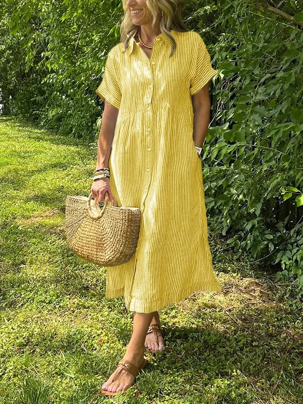 Women's Striped Maxi Shirt Dress | Button-Up Lapel Style