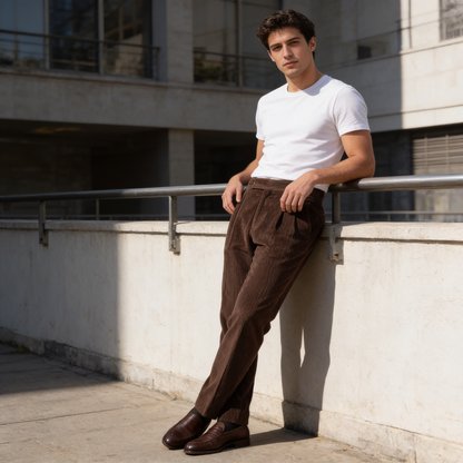 Men's Corduroy Style Pleated Trousers | Tailored Smart-Casual Fit
