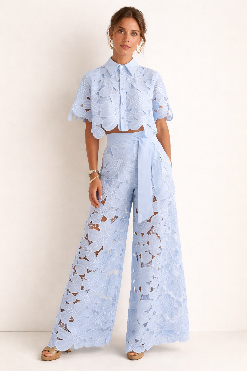 Women's Lace Blouse & Wide-Leg Pants Set | Elegant Co-ord