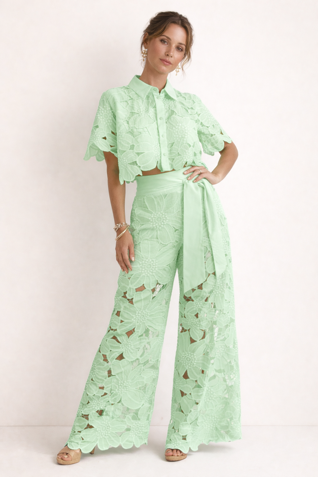 Women's Lace Blouse & Wide-Leg Pants Set | Elegant Co-ord