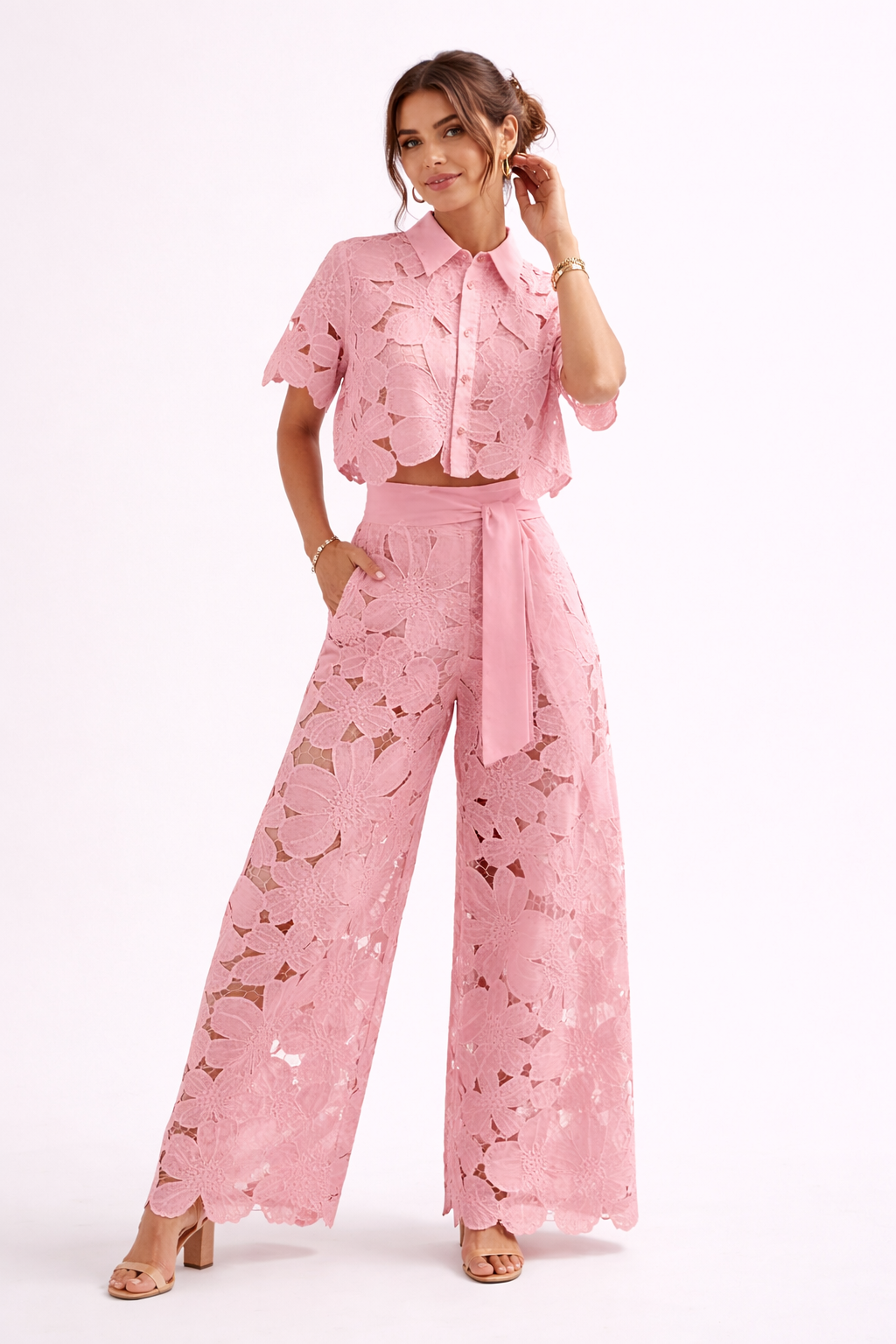 Women's Lace Blouse & Wide-Leg Pants Set | Elegant Co-ord
