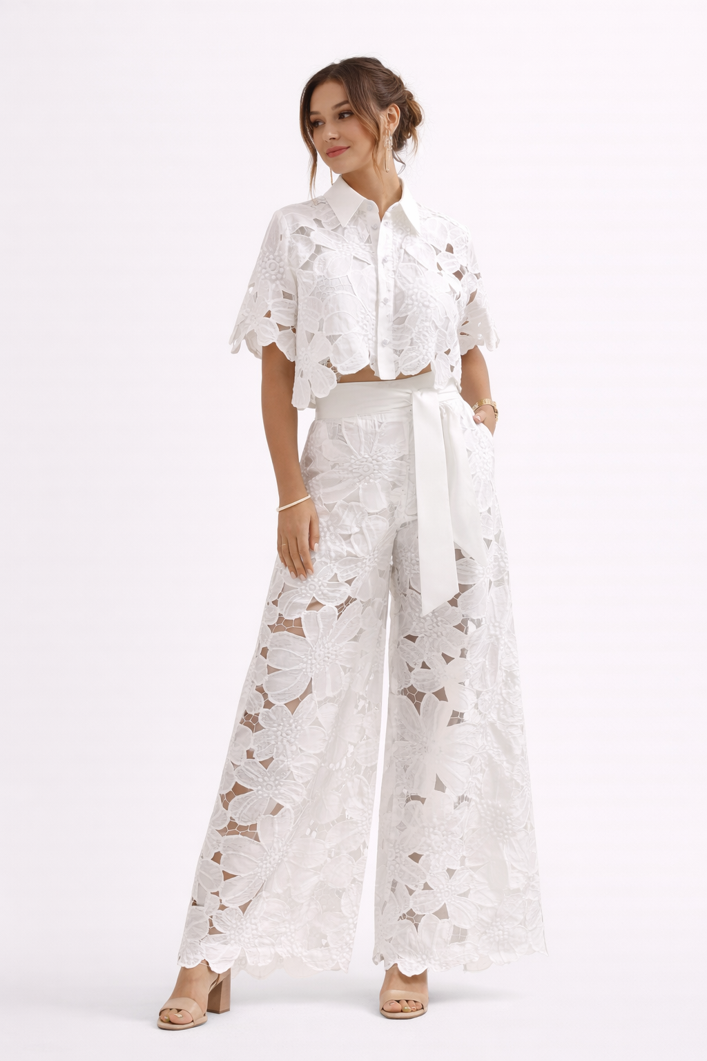Women's Lace Blouse & Wide-Leg Pants Set | Elegant Co-ord