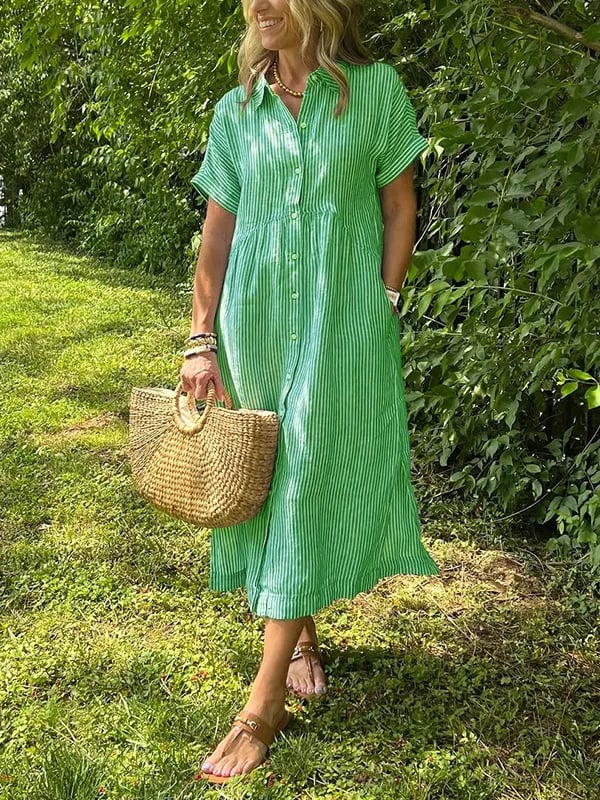 Women's Striped Maxi Shirt Dress | Button-Up Lapel Style