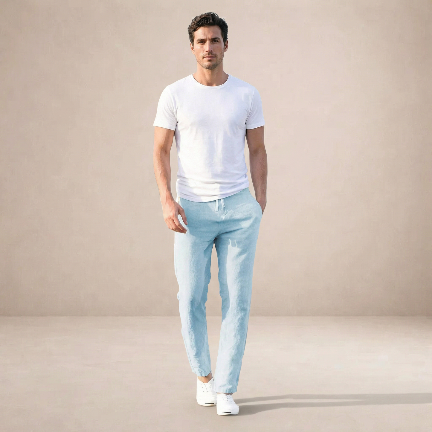 Men's Linen Style Trousers | Breathable Elastic Waist Summer Fit