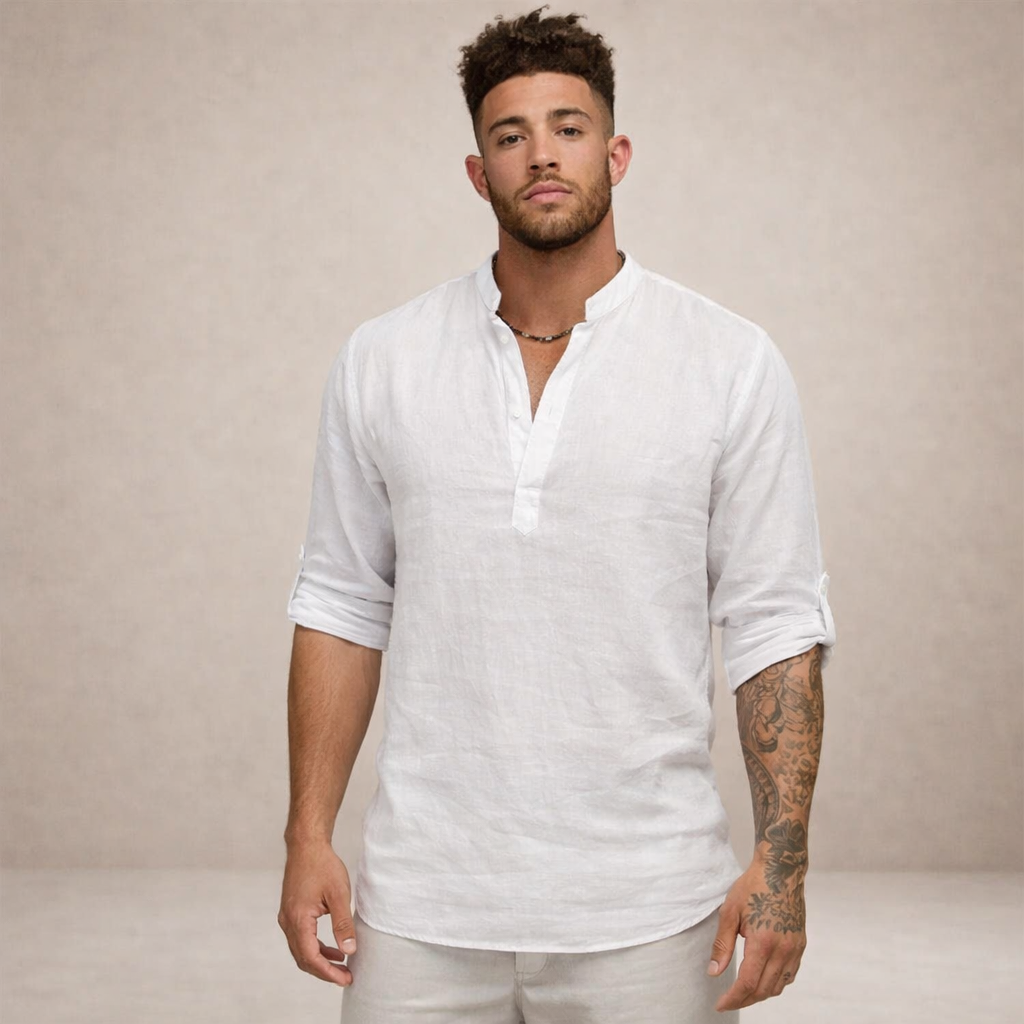 Men's Long Sleeve Stand Collar Shirt | Regular Fit Linen-Style Breathable Top