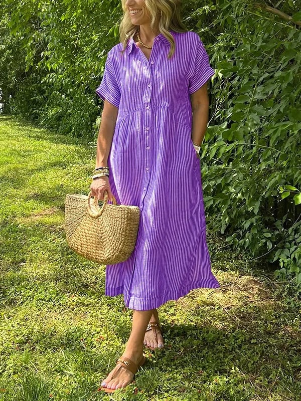 Women's Striped Maxi Shirt Dress | Button-Up Lapel Style