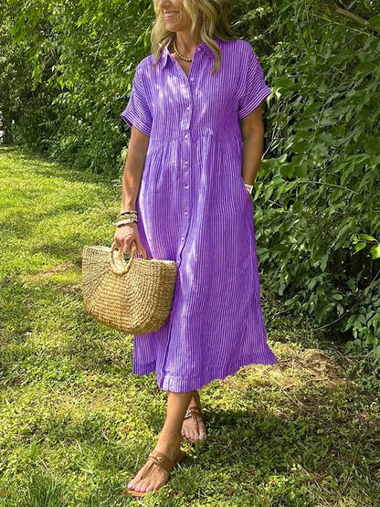 Women's Striped Maxi Shirt Dress | Button-Up Lapel Style
