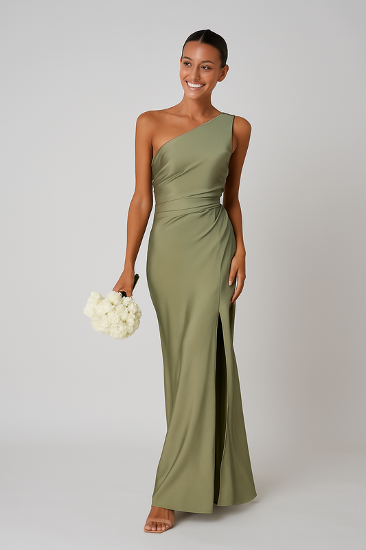 Women's One-Shoulder Maxi Dress | Satin Look Formal High Slit