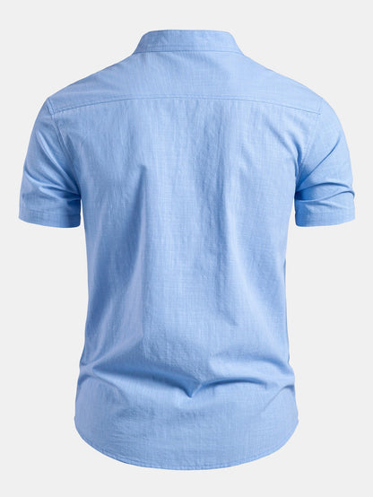 Men's Linen Style Short Sleeve Shirt | Slim Fit Stand Collar