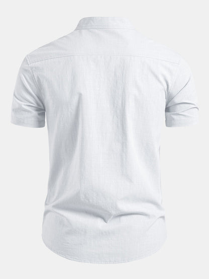 Men's Linen Style Short Sleeve Shirt | Slim Fit Stand Collar