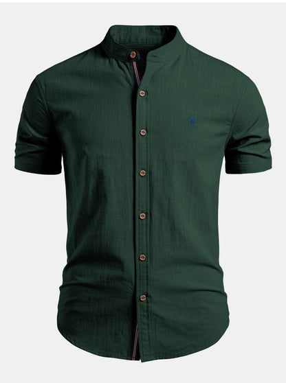 Men's Linen Style Short Sleeve Shirt | Slim Fit Stand Collar