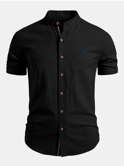 Men's Linen Style Short Sleeve Shirt | Slim Fit Stand Collar