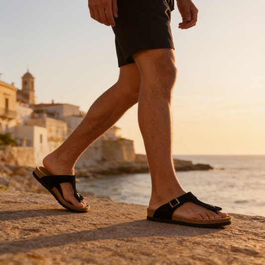 Men's Faux Suede Buckle Sandals | Cork-Style Footbed Comfort