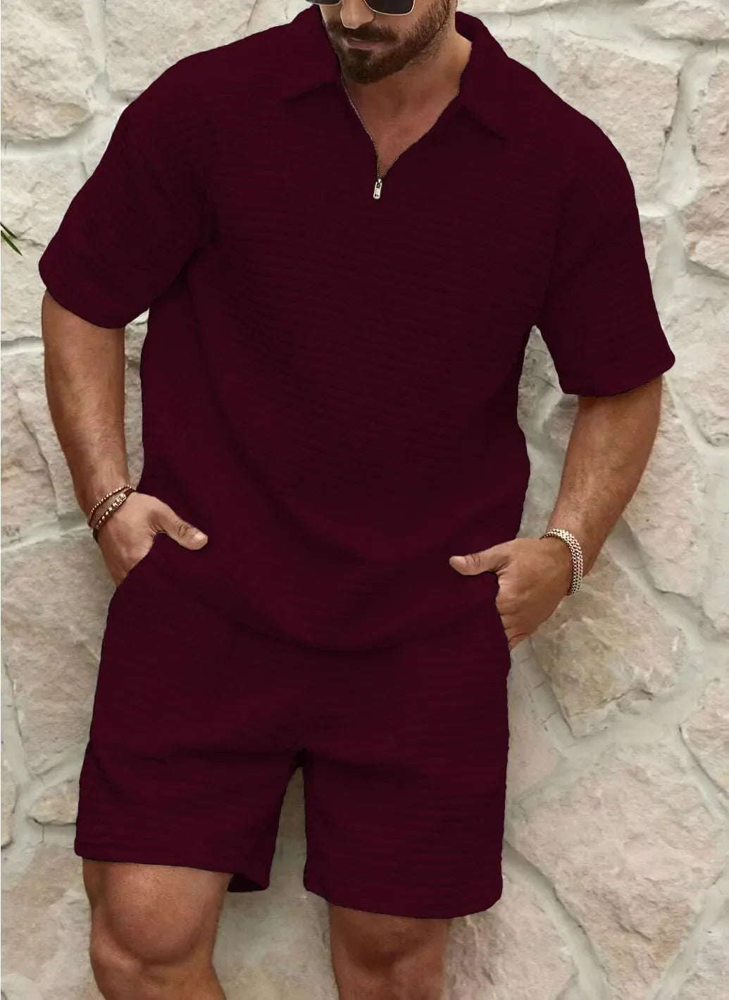 Men's Waffle Texture 2-Piece Set | Polo & Shorts Summer Combo