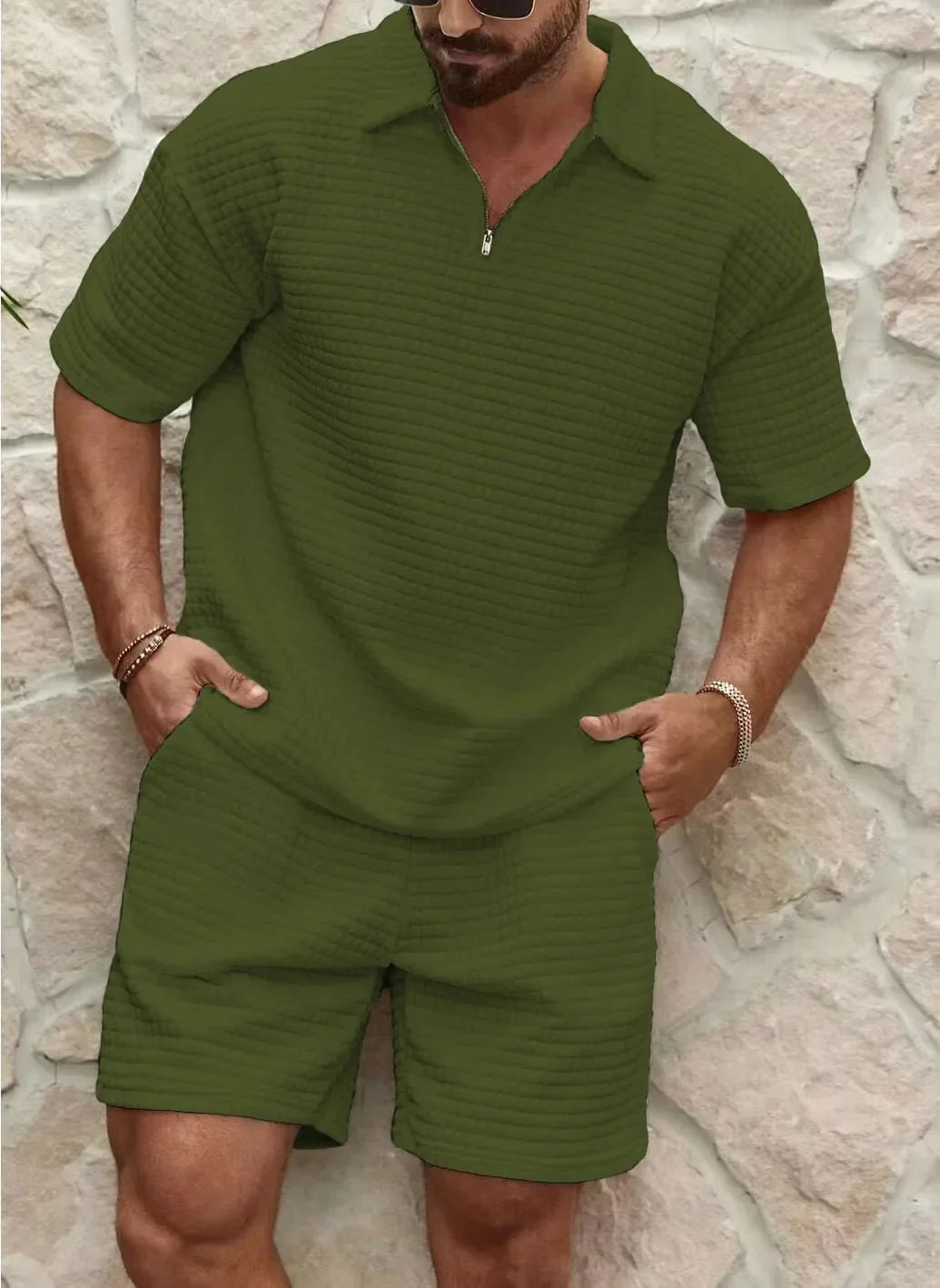 Men's Waffle Texture 2-Piece Set | Polo & Shorts Summer Combo