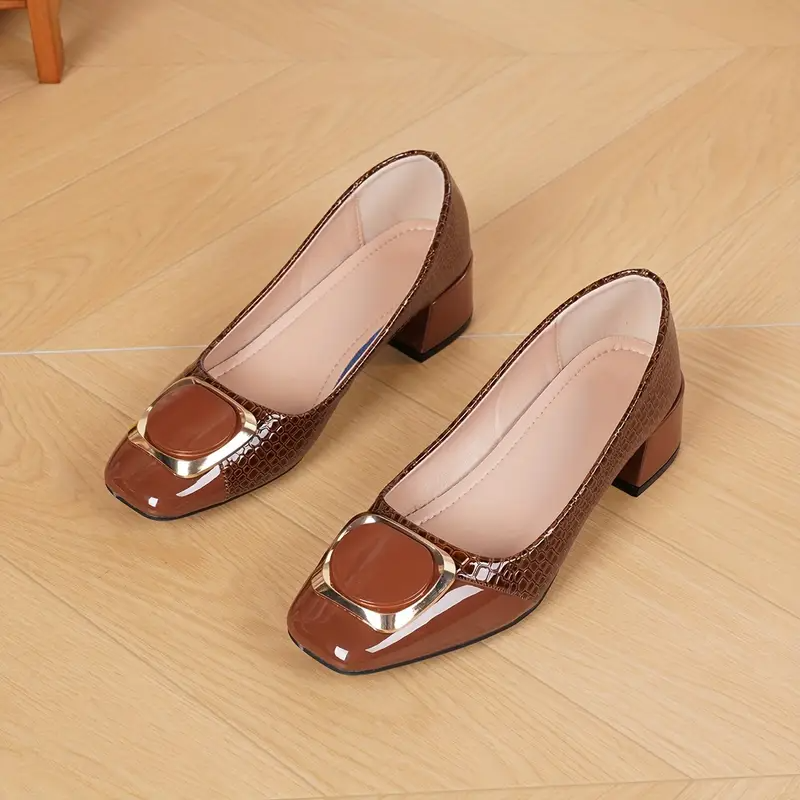Women's Buckle Detail Block Heels | Croc-Style Everyday Elegance