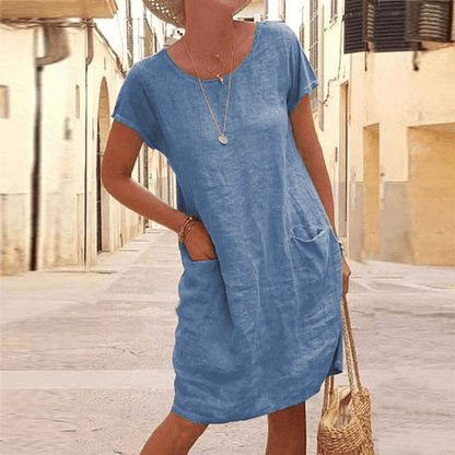 Women's Linen Style Midi Dress | Short Sleeves & Front Pockets