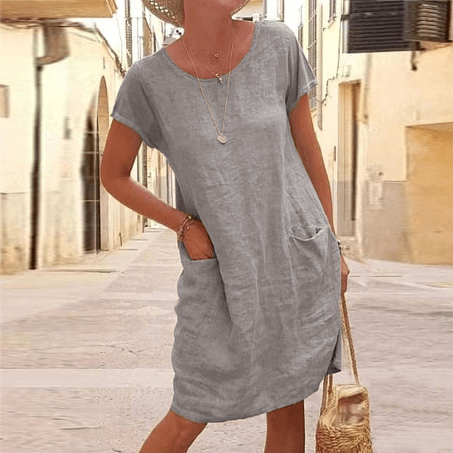 Women's Linen Style Midi Dress | Short Sleeves & Front Pockets