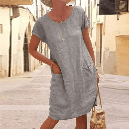 Women's Linen Style Midi Dress | Short Sleeves & Front Pockets