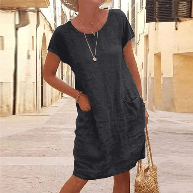 Women's Linen Style Midi Dress | Short Sleeves & Front Pockets
