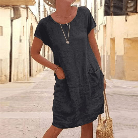 Women's Linen Style Midi Dress | Short Sleeves & Front Pockets
