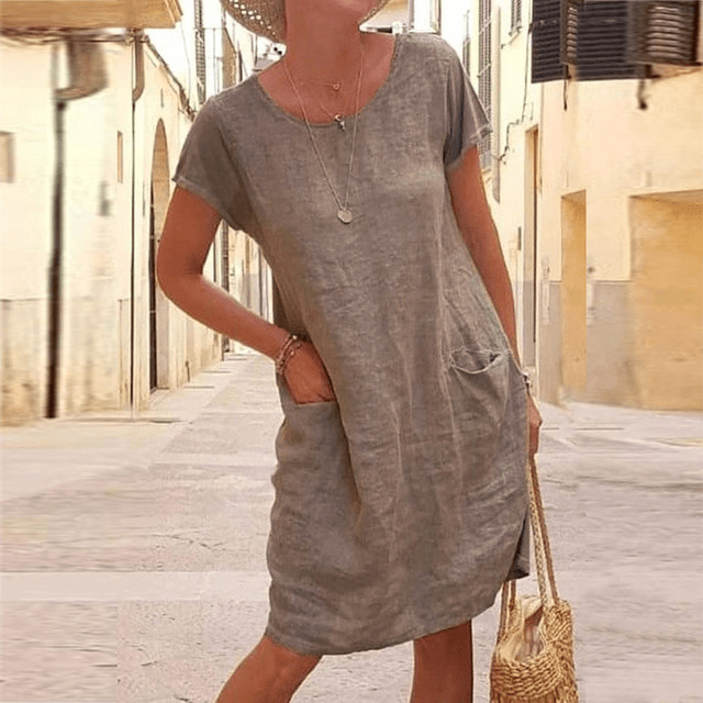 Women's Linen Style Midi Dress | Short Sleeves & Front Pockets