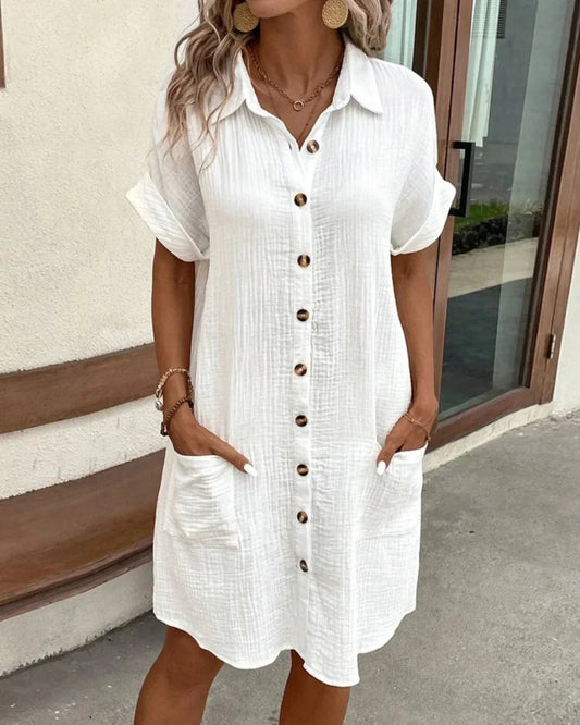 Women's V-Neck Mini Dress | Three-Quarter Sleeve Linen-Style Holiday Dress