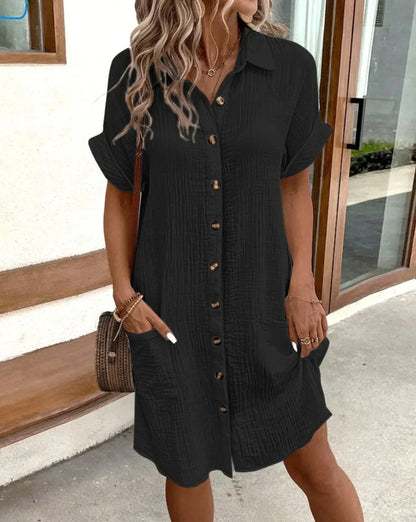 Women's V-Neck Mini Dress | Three-Quarter Sleeve Linen-Style Holiday Dress