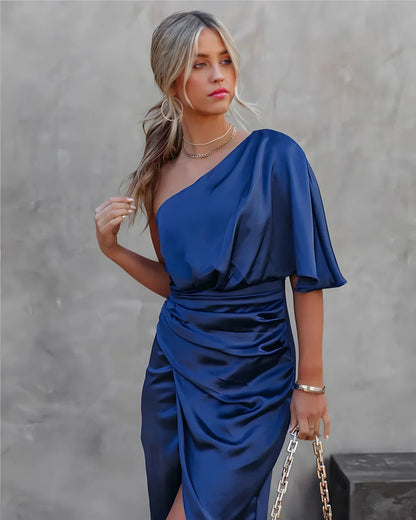 Women's Off-Shoulder Midi Dress | Draped Waist – Satin Style