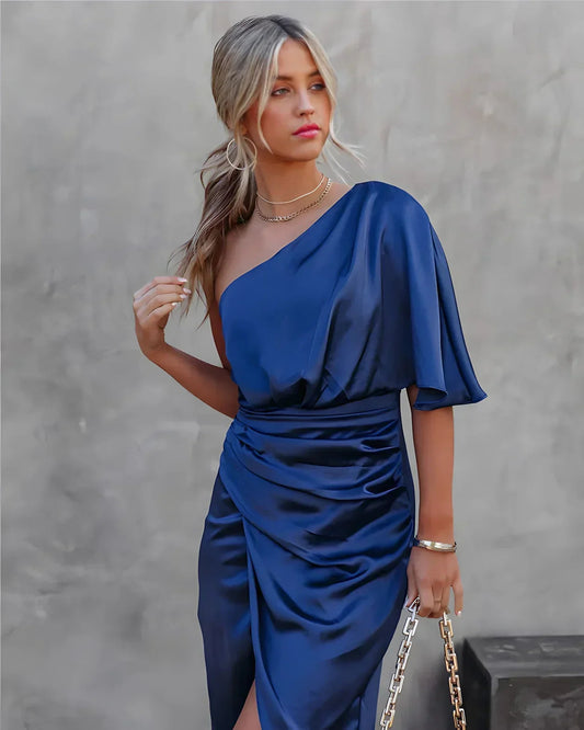 Women's Off-Shoulder Midi Dress | Draped Waist – Satin Style
