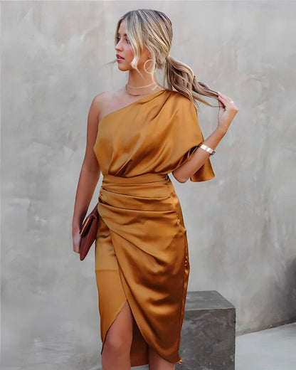 Women's Off-Shoulder Midi Dress | Draped Waist – Satin Style
