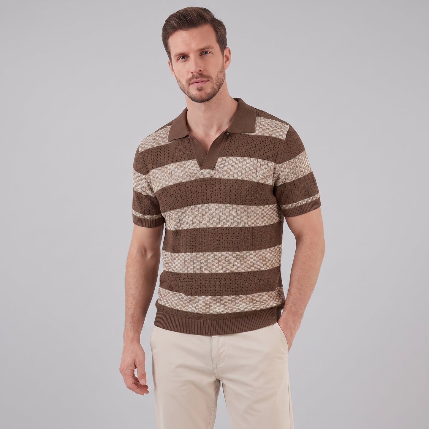 Men's Striped Knit Polo Shirt | Breathable Summer Texture
