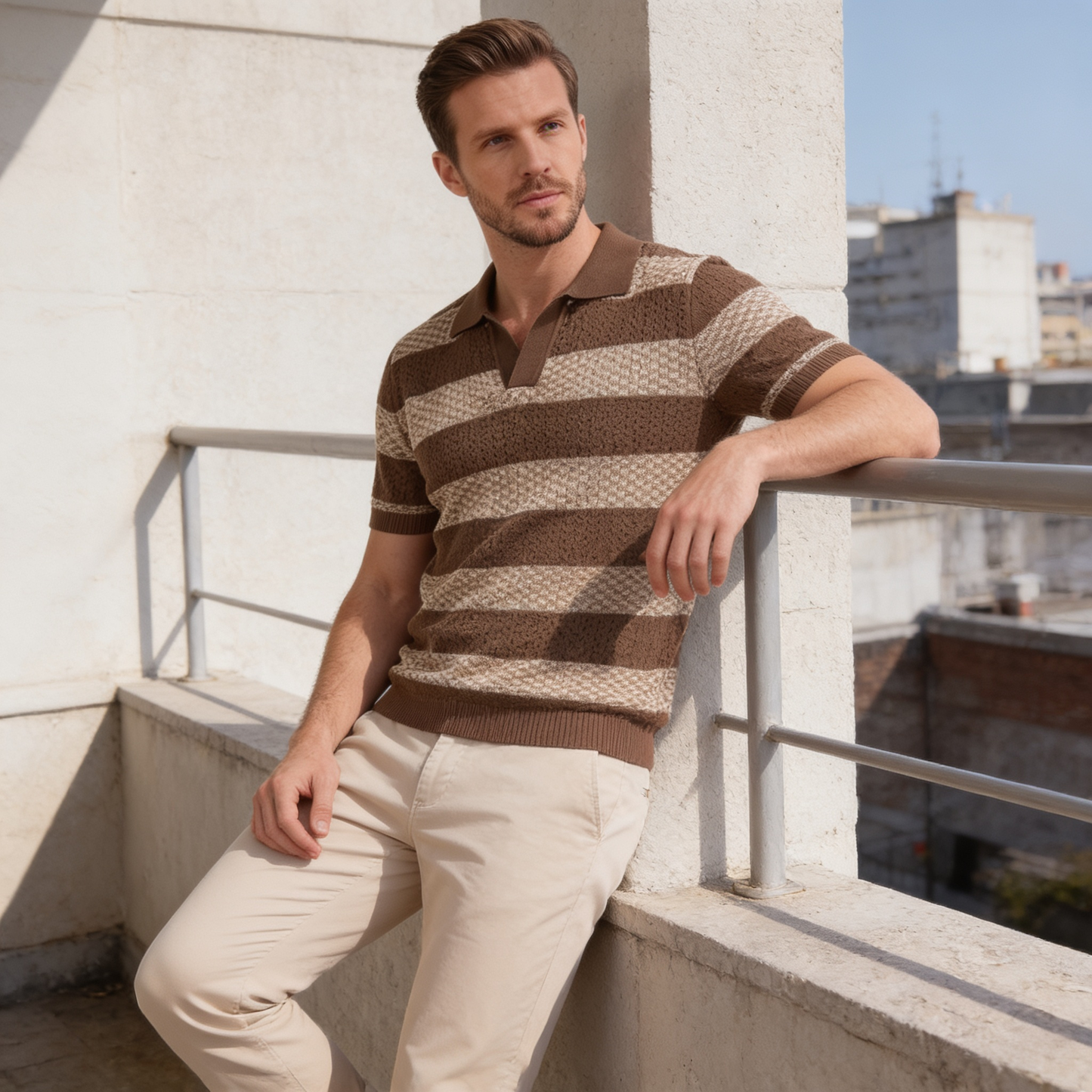 Men's Striped Knit Polo Shirt | Breathable Summer Texture