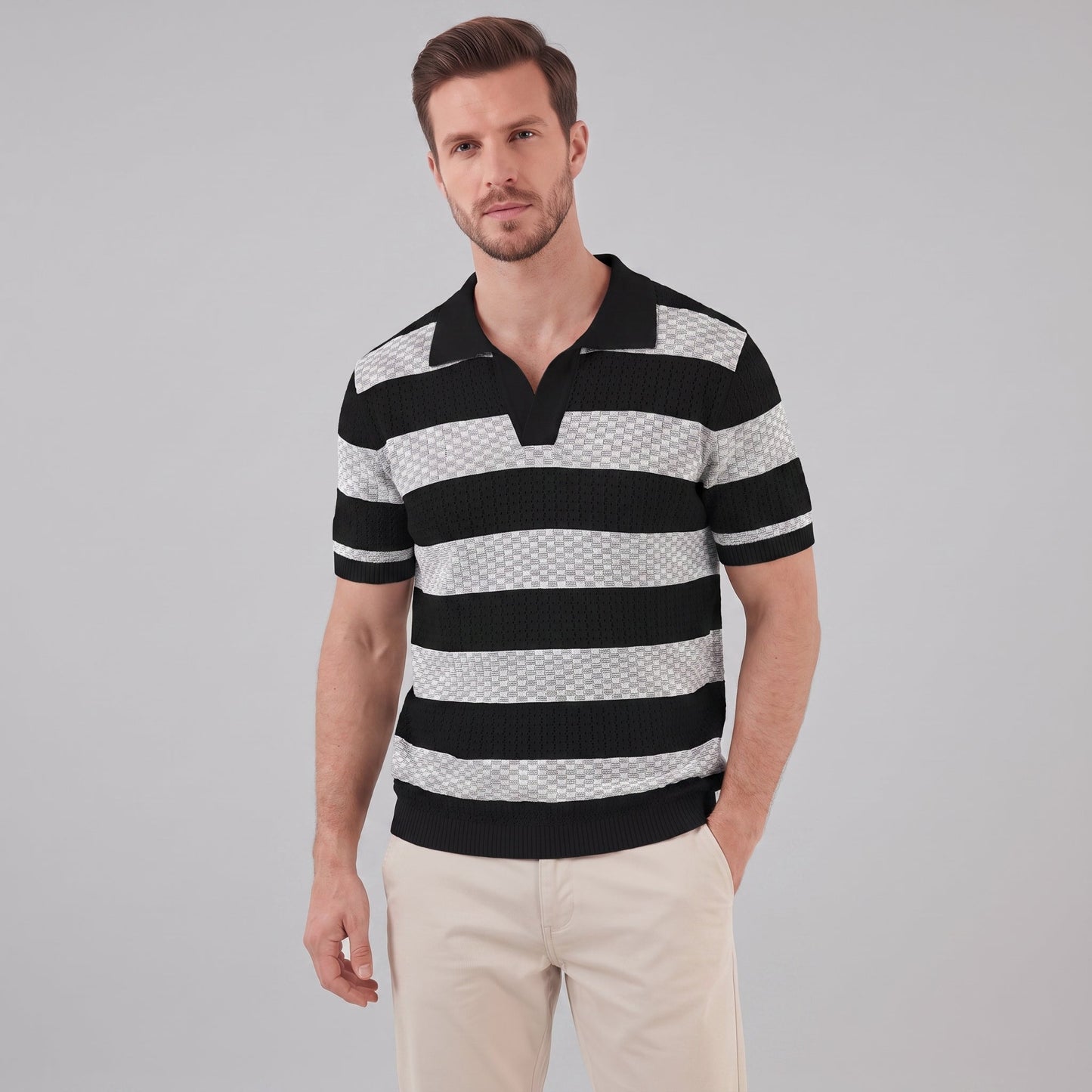 Men's Striped Knit Polo Shirt | Breathable Summer Texture