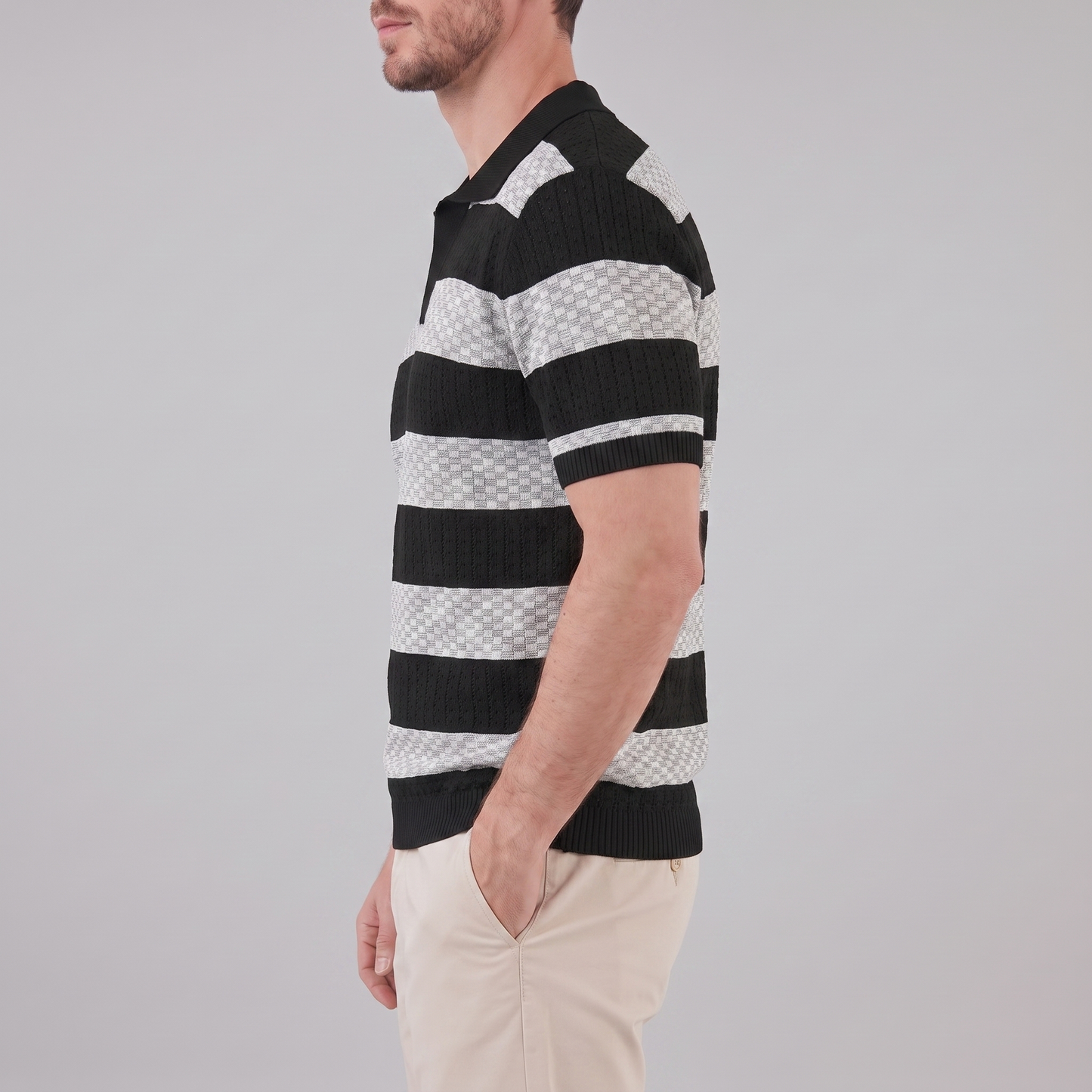 Men's Striped Knit Polo Shirt | Breathable Summer Texture