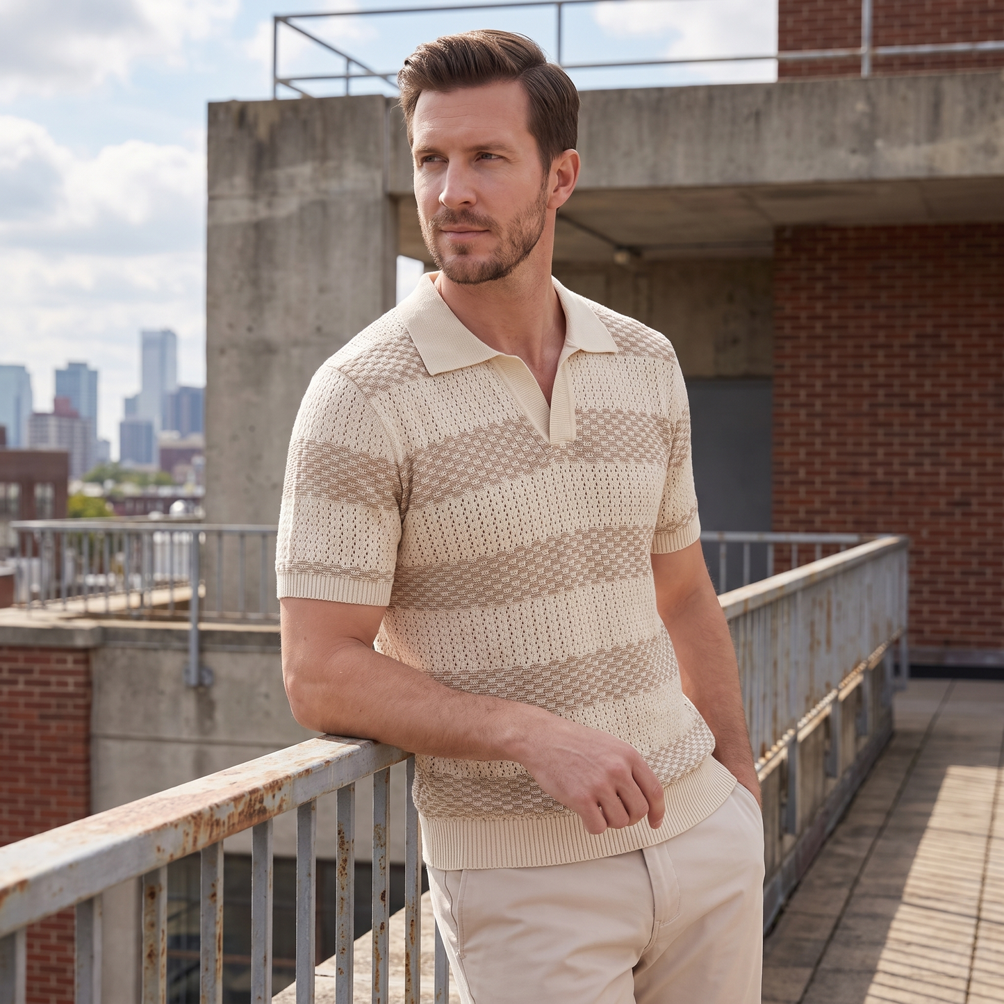Men's Striped Knit Polo Shirt | Breathable Summer Texture