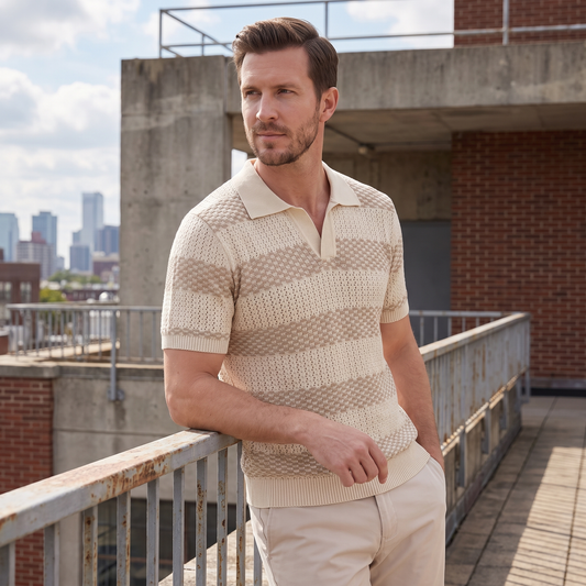 Men's Striped Knit Polo Shirt | Breathable Summer Texture