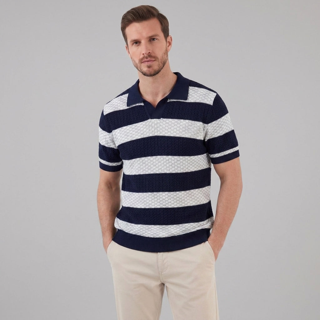 Men's Striped Knit Polo Shirt | Breathable Summer Texture