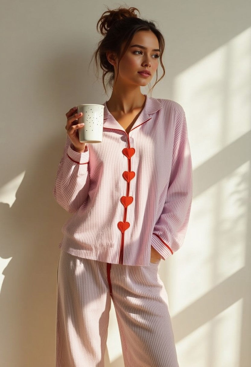 Women's Two-Piece Pyjama Set | Heart Buttons Elastic Waist