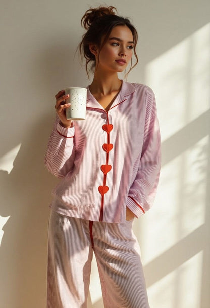 Women's Two-Piece Pyjama Set | Heart Buttons Elastic Waist