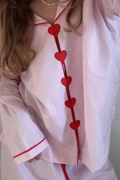 Women's Two-Piece Pyjama Set | Heart Buttons Elastic Waist