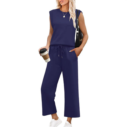 Women's Two-Piece Lounge Set | Long Sleeve Top & Wide-Leg Cropped Trousers