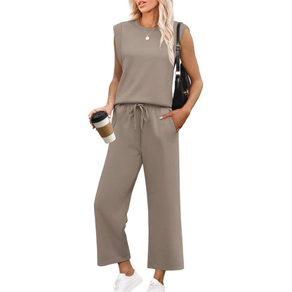 Women's Two-Piece Lounge Set | Long Sleeve Top & Wide-Leg Cropped Trousers